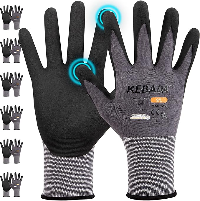 Kebada W2 Safety Work Gloves, Micro-Foam Nitrile Coated Gloves, Touchscreen,Ideal for Package Handling, Gardening, Construction, 1 Pair X-Small