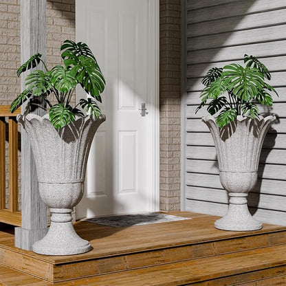 23.6" Tall Plastic Urn Planters for Outdoor Plants, Set of 2 Heavy-Duty Classic Indoor Large Flower Pots with Drainage Holes & Petal Design, Outdoor Planters for Porch, Home Garden, Grey