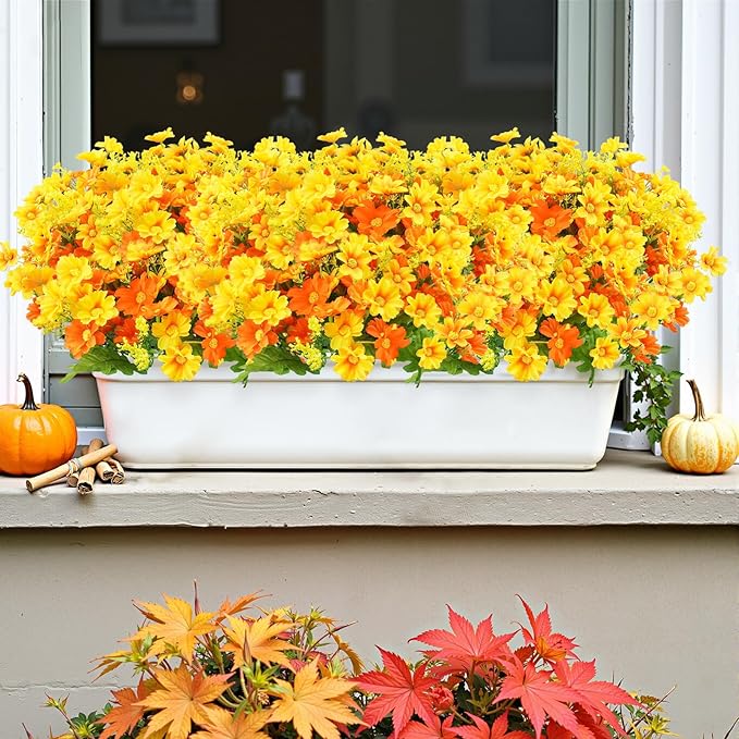 Uieke 12 Bundles Artificial Flowers for Outdoors UV Resistant Fake Daisy Mums Flowers Bulk No Fade Greenery Shrubs for Outside Home Wedding Window Box Garden Porch Fall Décor (Orange Yellow)