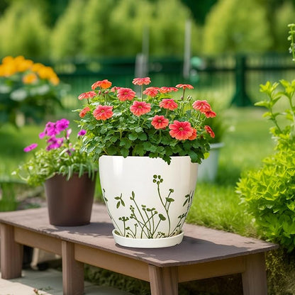 Ceramic Planters for Indoor Plants - 10+8+6 Inch Plant Pots with Drainage Holes and Saucers, Decorative Boho Round Outdoor Planters, Garden Decor, Gardening Gifts for Women Men, Set of 3, White
