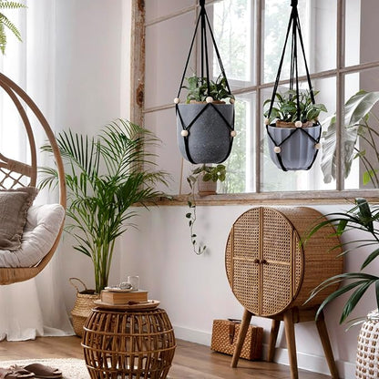 Artilady Black Hanging Planter for Indoor Plants Macrame Plant Hanger Large Hanging Plant Holder Basket with Adjustable Beads Outdoor Window Boho Plant Wall Decor