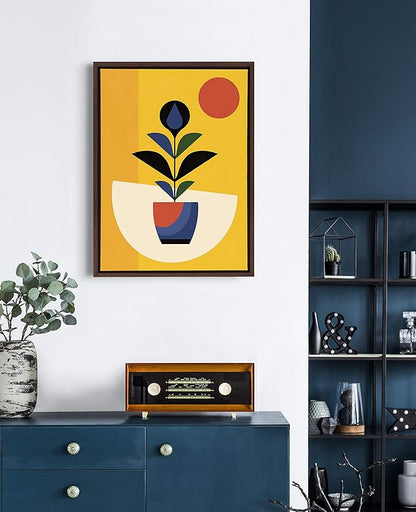 Kate and Laurel Sylvie Abstract Plant Framed Canvas Wall Art by Amber Leaders Designs, 18x24 Walnut Brown, Mid Century Botanical Themed Art for Wall