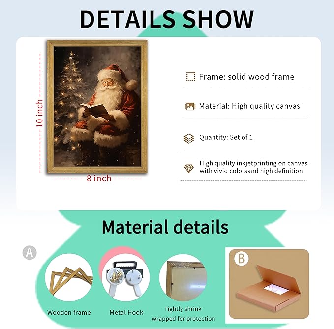 Wood Framed Vintage Santa Claus Wall Art, Classic Christmas Canvas Oil Painting, Rustic Holiday Winter Home Wall Decor Picture, Christmas Gift for Living Room Bedroom Kids Room 8x10 Inch