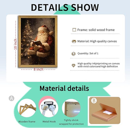Wood Framed Vintage Santa Claus Wall Art, Classic Christmas Canvas Oil Painting, Rustic Holiday Winter Home Wall Decor Picture, Christmas Gift for Living Room Bedroom Kids Room 8x10 Inch