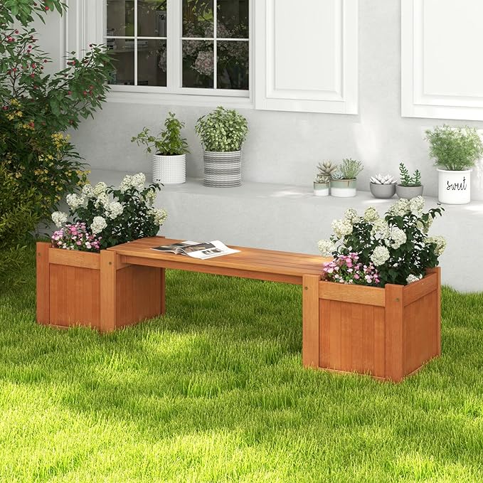 Planter Box Bench Outdoor, Wood Patio Bench with 2 Wood Planter Boxes, Raised Plant Container Garden Bench for Outdoor, Patio, Yard, Deck & Balcony