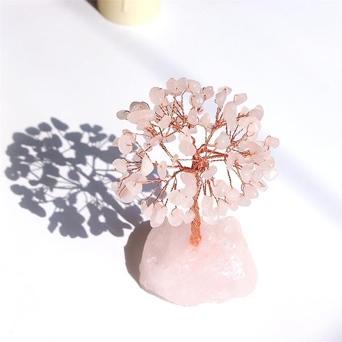 Rose Quartz Healing Crystal Tree Natural Reiki Crystals Gemstone Stone Base Copper Wire Tree Life Money Trees Pink Feng Shui Reiki Energy Tree for Home Office Desk Decor Good Luck Gifts for Women Men