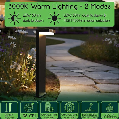 Solar Pathway Lights - Walkway Solar Lights for Outside - PIR Sensor & Two Lighting Modes - Rechargeable Battery Lasts Up To 55 Hours - 3000K - IP44 Weather Resistant - 2 Pack - 20.5" Height