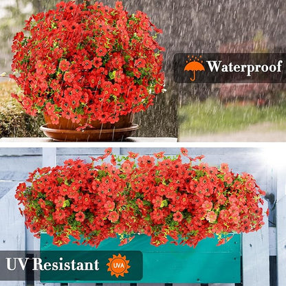 24 Bundles Artificial Flowers for Outdoors Decorations, Fake Flowers Artificial Plants Outdoor, Colorful Daisy Eucalyptus Realistic UV Resistant for Garden Patio Porch Home Decor, Red