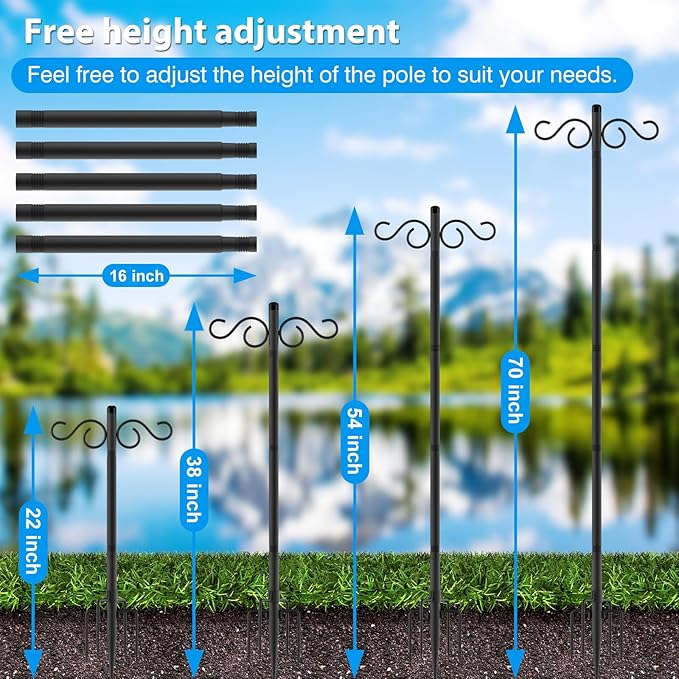 Adjustable Shepherd Hooks for Outdoor,1 Pack 70 Inch 5 Prong Base Bird Two Sided Feeder Poles,Heavy Duty Shepherds Hook,Suitable for Garden in Hanging Flower Basket,Lantern,Bird Nests (1 Pack 70 inch)