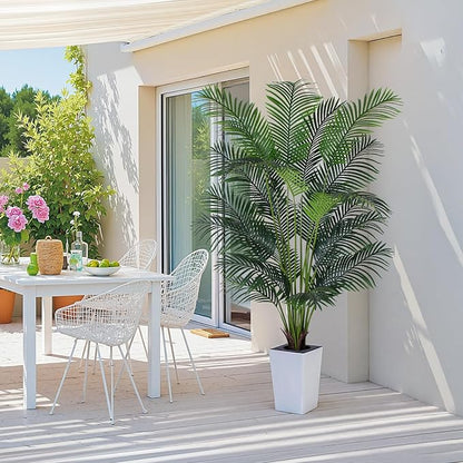 Artificial Palm Tree with White Tall Planter, 7ft Tall Potted Artificial Silk Palm Tree Plant, Fake Tropical Plant, Home Office Floor Room Decor Plants Indoor Outdoor, Housewarming Gift
