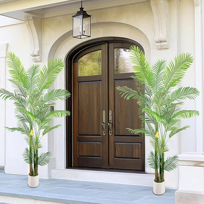 Artificial Fake Palm Tree 8FT 2Pack with White Planter & Free Moss, UV Resistant Artificial Palm Tree for Outdoors, Fake Plants for Poolside Home Room Decor, Faux Plants Outdoor Decor
