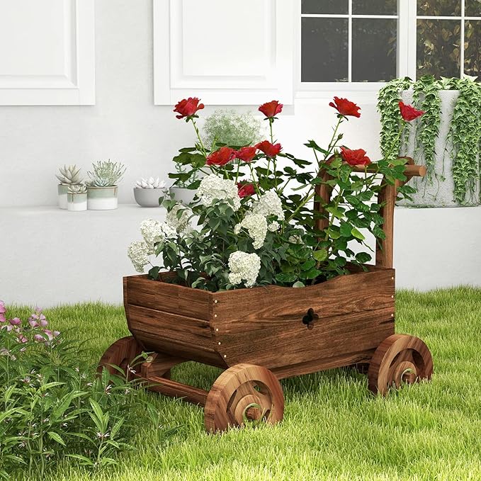 S AFSTAR Wooden Wagon Planter Box, Mobile Garden Planter with 4 Wheels, Handle, Drain Hole, Decorative Plant Wagon for Indoor & Outdoor Decor, Decorative Flower Cart for Patio, Garden, Balcony, Brown