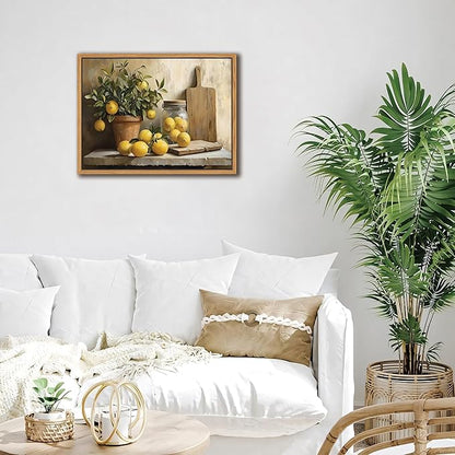 Floating Framed Vintage Kitchen Wall Art, Yellow Lemon Still Life Wall Decor Oil Paintings, Rustic Farmhouse Artwork Canvas Posters Prints Pictures for Living Room Bedroom Home Decor 16x24 Inch
