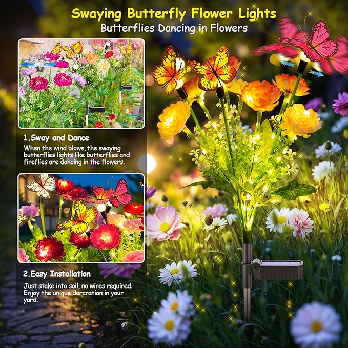 GARPAR Solar Garden Lights, 6 Pack Swaying Solar Lights with 18 Butterflies & 42 Blooming Flowers, Solar Flowers Lights Outdoor Waterproof, Solar Outdoor Lights for Yard Patio Garden Decor, Gift