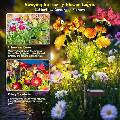 GARPAR Solar Garden Lights, 6 Pack Swaying Solar Lights with 18 Butterflies & 42 Blooming Flowers, Solar Flowers Lights Outdoor Waterproof, Solar Outdoor Lights for Yard Patio Garden Decor, Gift