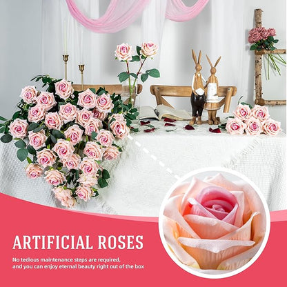Fake Roses Faux Flowers Silk Roses Artificial Roses with Stems Realistic Artificial Flowers 16.5In Suitable for Indoor Home Decoration DIY Bouquet Wedding Decor Party Decor (Pink, 24PCS)