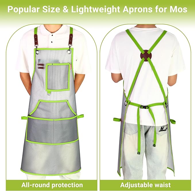 Waterproof Work Apron for Chefs, Hair Stylists, Artists, Gardeners, Adjustable, Multi-Pockets, TPU Mesh Fabric, Plus Size