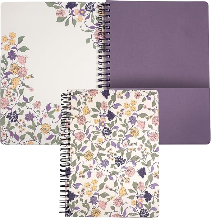 Steel Mill & Co Cute Floral Mini Spiral Notebook, 8.25" x 6.25" Journal with Durable Hardcover and 160 Lined Pages, Purple Vine Ditsy