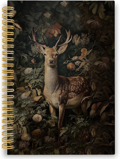 XPH William Morris Deer Spiral Notebook, Dark Cottagecore Journaling Notebooks for Note Taking, Vintage Botanical Buck Hardcover Journal for Writing 160 Pages 5.5 x 8.3 Inch, Deer Gifts for Women