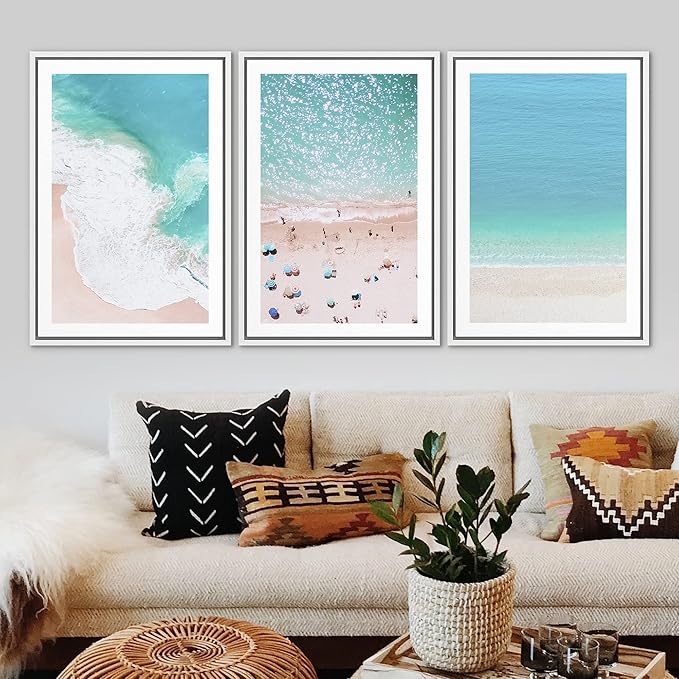 Ashbrook Framed Wall Art Print Set Aerial View Nautical Beach Ocean Wave View Nature Wilderness Photography Modern Art Scenic Colorful Chic for Living Room, Bedroom, Office - 16"x24"x3 White