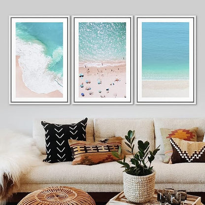 Ashbrook Framed Wall Art Print Set Aerial View Nautical Beach Ocean Wave View Nature Wilderness Photography Modern Art Scenic Colorful Chic for Living Room, Bedroom, Office - 16"x24"x3 White