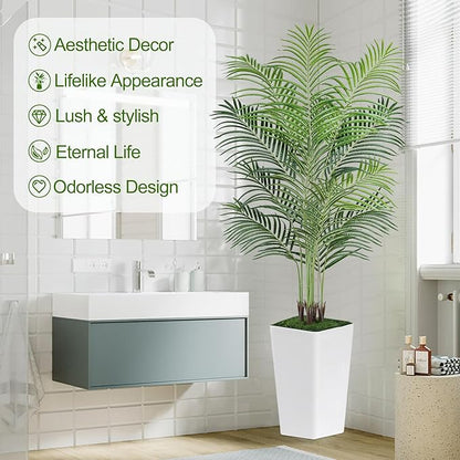 6ft Artificial Palm Tree with White Planter-Tall Artificial Indoor Plants, Fake Tropical Palm Tree, Faux Silk Plants for Home Office Living Room Bedroom Modern Decor