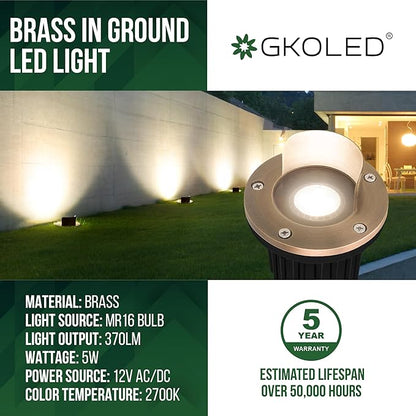 GKOLED LED Brass Well Lights, 12V IP67 Waterproof Outdoor In Ground Light with MR16 Bulb and Swival Base, Low Voltage Landscape Lighting, 5W 370LM 2700K, Up Light for Garden Tree Bushe, Shielded Top