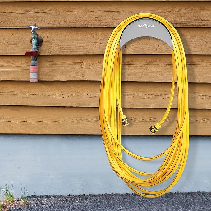 FLORA GUARD Garden Hose Holder, Heavy-Duty Metal Hose Hanger, Holds Up to 125 ft, Gaeden Hose Wall Mount for Outdoor Patio, Rust and Slip Resistant (Gray)