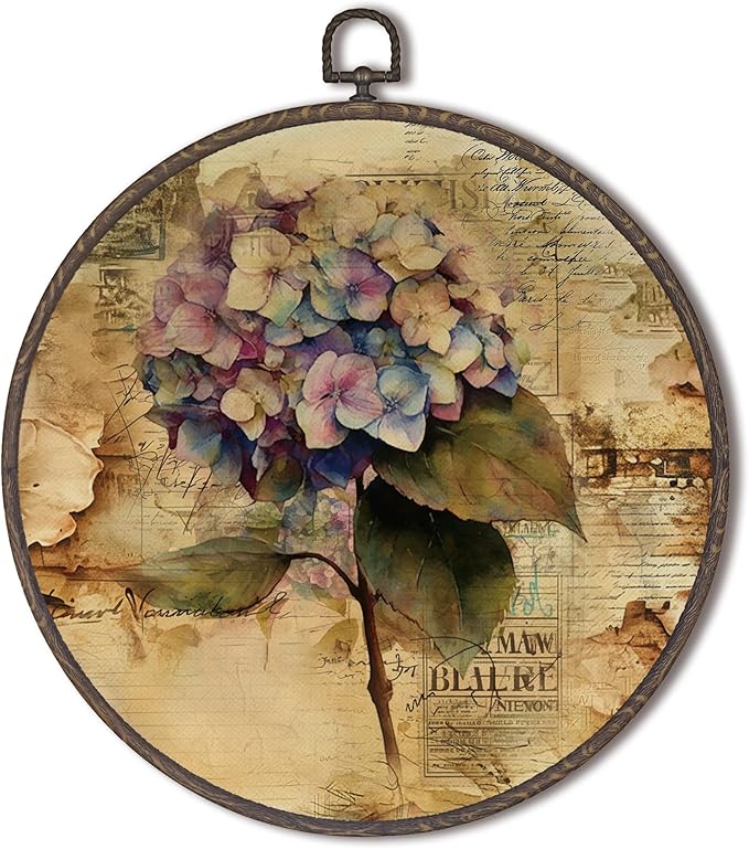 XNXLDYLH Vintage Purple Blue Hydrangea Round Framed Wall Art Decor, Purple Flower Retro Earthy Kitchen Bathroom Hanging Wall Decor Decorations, Botanical Floral Canvas Prints Wall Art Paintings,10x10In