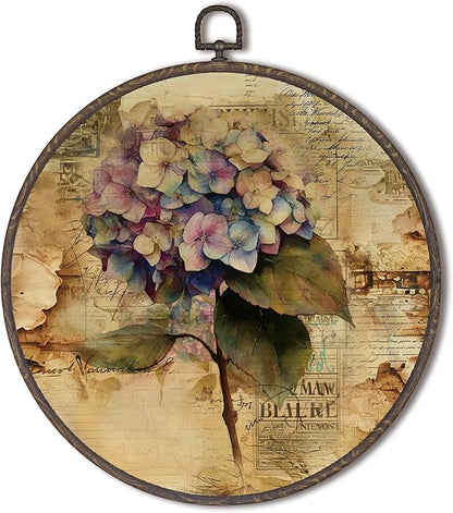 XNXLDYLH Vintage Purple Blue Hydrangea Round Framed Wall Art Decor, Purple Flower Retro Earthy Kitchen Bathroom Hanging Wall Decor Decorations, Botanical Floral Canvas Prints Wall Art Paintings,10x10In