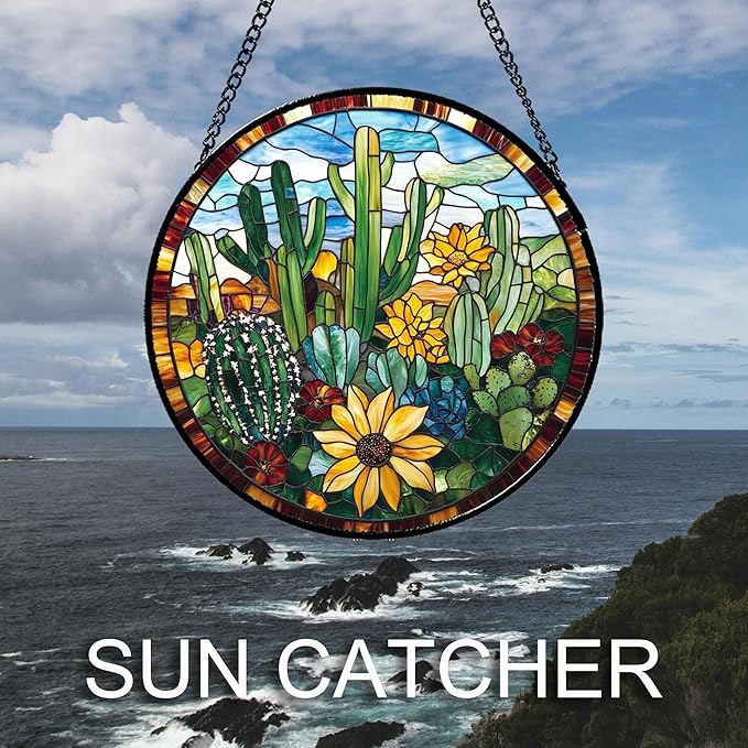 Stained Glass Window Hanging Green Cactus with Yellow Flowers 9.8" - Suncatcher Door Garden Sun Catcher Home Decor Birthday Christmas for Mom Men Woman Friend Nana