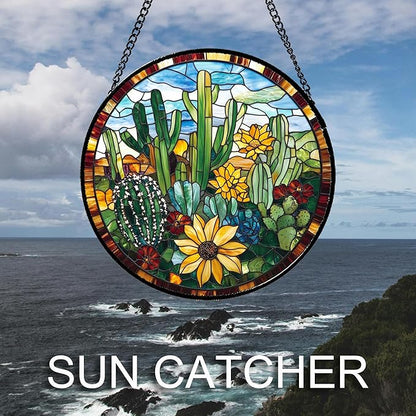 Stained Glass Window Hanging Green Cactus with Yellow Flowers 6.3" - Suncatcher Door Garden Sun Catcher Home Decor Birthday Christmas for Mom Men Woman Friend Nana