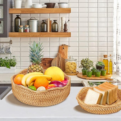 Natural Rattan Round Fruit Basket Bowls, Hand Woven Decor Serving Baskets, Wicker Storage for Dinning Room (Wave-Medium) ＜9''(D) X3.3(H)＞