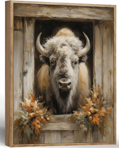 Vintage Canvas Wall Art Cow Wall Decor Animal Country Wildflowers Oil Painting Farmhouse Picture Modern Print Rustic Floral Prints Living Room Bedroom Bathroom 12x16 Inch Framed