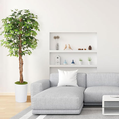 7Ft Artificial Ficus Tree in Large Tall Planter - Faux Indoor Plant with Realistic Wood Trunk - Large Tall Fake Plant for Home, Office, Living Room, Patio Decoration