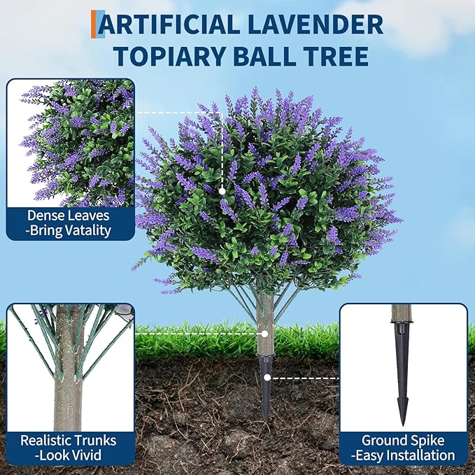 Garvee Set of 2 Artificial Lavender Topiary Ball Trees, 23" H UV Resistant Faux Boxwood Bushes with Ground Spike, Outdoor Fake Shrubs Evergreen Decorative Plant for Indoor Porch Garden Backyard