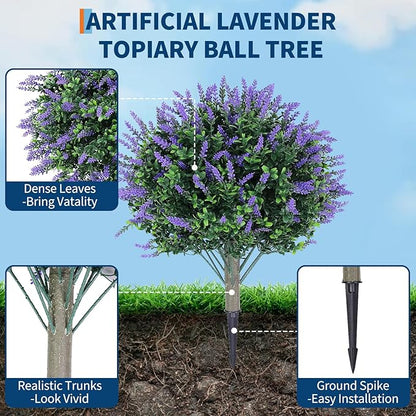 Garvee Set of 2 Artificial Lavender Topiary Ball Trees, 23" H UV Resistant Faux Boxwood Bushes with Ground Spike, Outdoor Fake Shrubs Evergreen Decorative Plant for Indoor Porch Garden Backyard