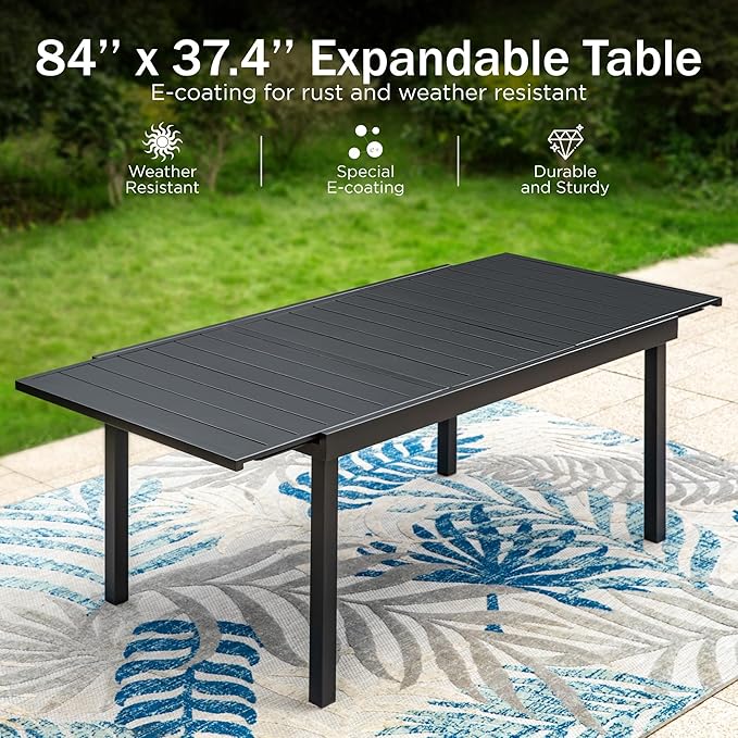 PHI VILLA 9 Piece Large Outdoor Dining Table Set, Expandable Rectangular Metal Dining Table & Cushioned Steel Chairs for Patio, Deck, Yard