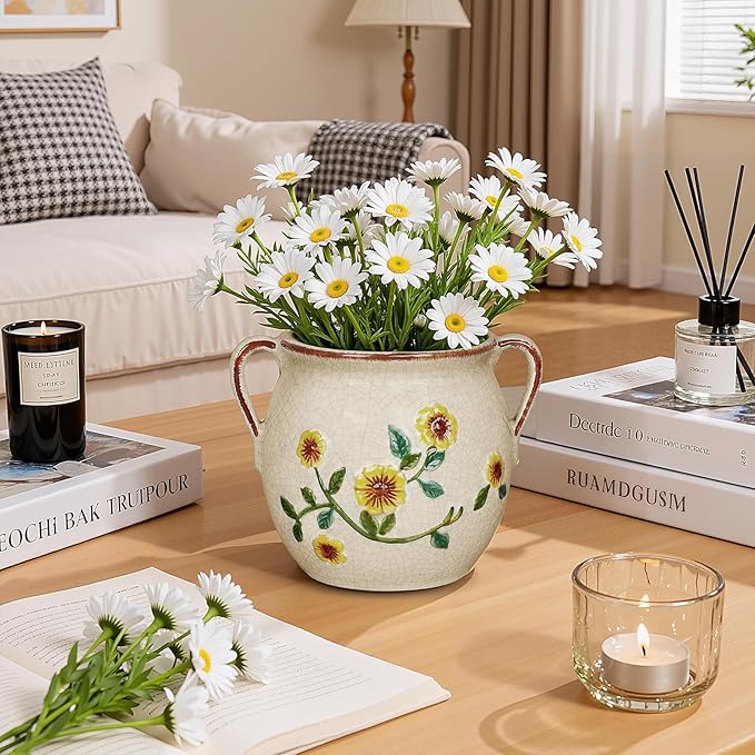 BUYMAX 6 Inch Vintage Ceramic Flower Pot with Relief Design & Handles, Indoor Plant Planter with Drainage Hole, Home Garden Decor for Living Room, Gift Ideas