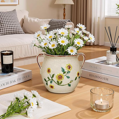 BUYMAX 6 Inch Vintage Ceramic Flower Pot with Relief Design & Handles, Indoor Plant Planter with Drainage Hole, Home Garden Decor for Living Room, Gift Ideas