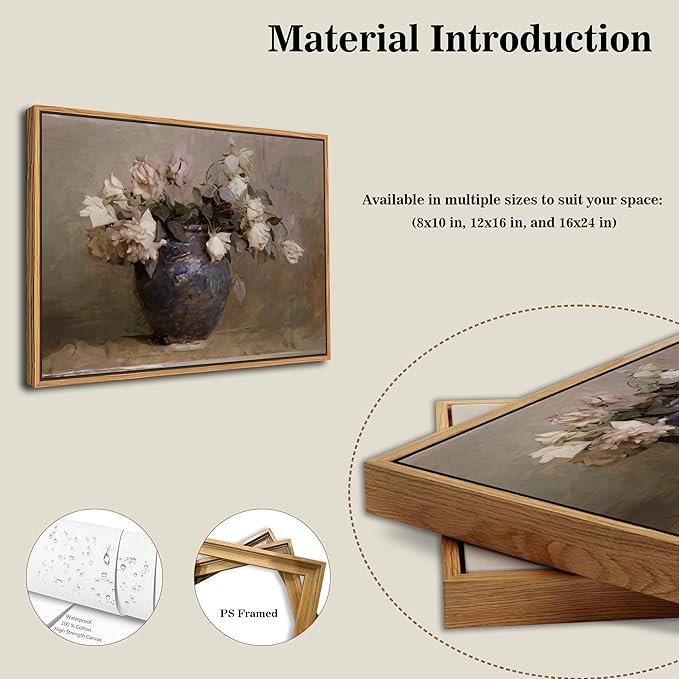 SAMHOU Floating Framed Floral Canvas Wall Art, Vintage Flowers Pictures Wall Decor, Rustic Farmhouse Pink Roses Poster Prints for Living Room Bathroom Dining Room Decor 16x24 inch