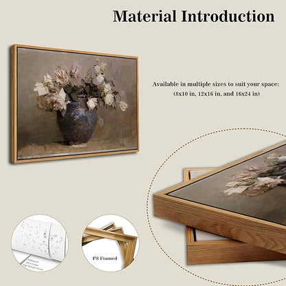 SAMHOU Floating Framed Floral Canvas Wall Art, Vintage Flowers Pictures Wall Decor, Rustic Farmhouse Pink Roses Poster Prints for Living Room Bathroom Dining Room Decor 16x24 inch