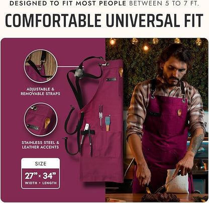 Asaya Chef and BBQ Apron with Bottle Opener and Hand Towel - 10oz Cotton Canvas, Stainless Steel Hardware - Cross Back Straps