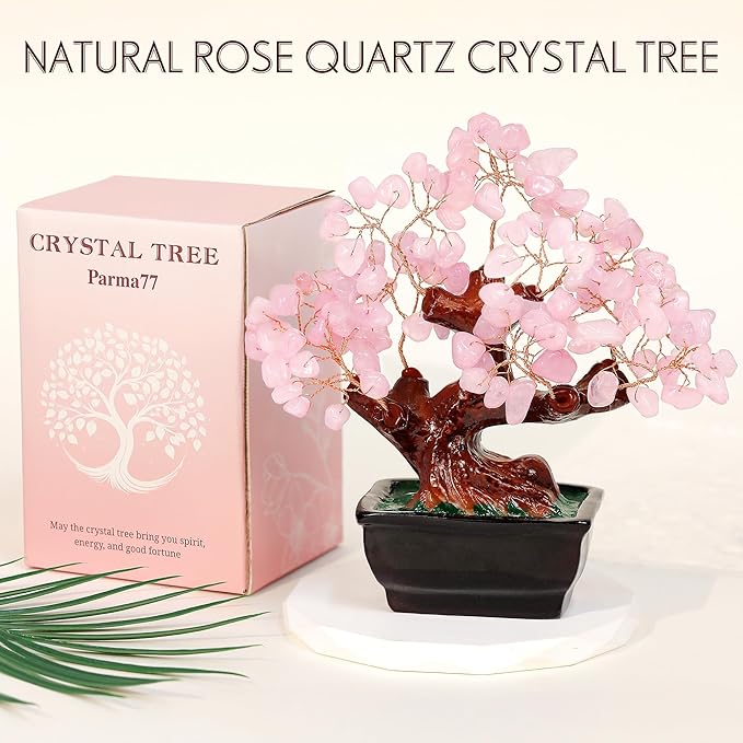 Parma77 Feng Shui Natural Rose Pink Quartz Crystal Money Tree, Healing Crystal Trees Bonsai Style Decoration for Wealth and Luck for Home Decor, Gifts for Women