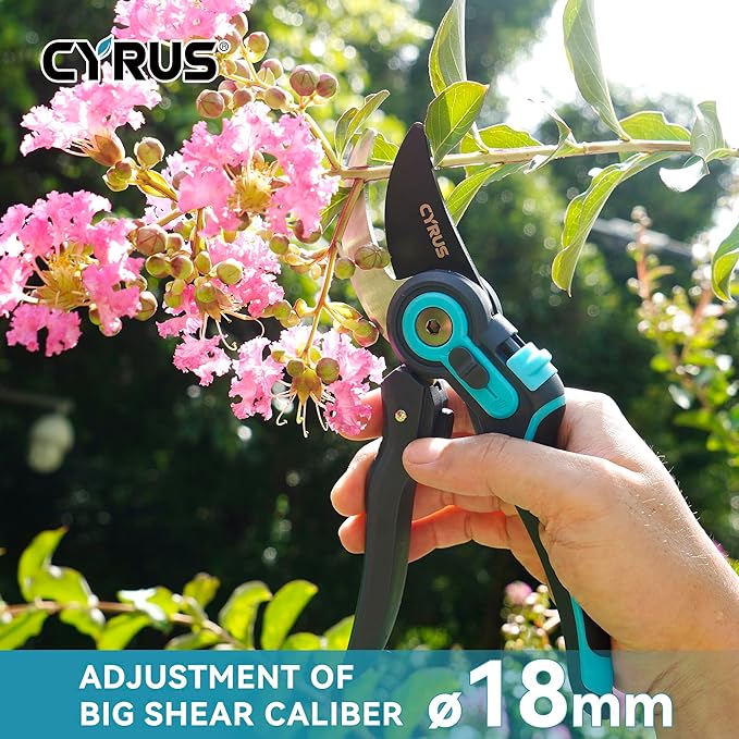 CYRUS Adjustable labor-saving Pruning Shears, Garden Shears with Non-Stick Carbon Steel Blade, 0.866 Inch Cutting Diameter, Safety Lock & Anti-Slip TPR Handle for Gardening, Flower Trimming
