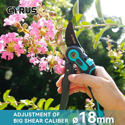 CYRUS Adjustable labor-saving Pruning Shears, Garden Shears with Non-Stick Carbon Steel Blade, 0.866 Inch Cutting Diameter, Safety Lock & Anti-Slip TPR Handle for Gardening, Flower Trimming