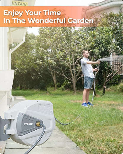Ayleid Retractable Garden Hose Reel,1/2 in x 130 ft Wall Mounted Hose Reel, with 9- Function Sprayer Nozzle, Any Length Lock/Slow Return System/Wall Mounted/180°Swivel Bracket (Grey)