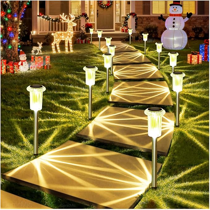 DenicMic Solar Lights Outdoor 15 Pack Waterproof 3000K Warm White LED Acrylic lamp Head Stainless Steel Stake for Landscape Lighting Path Walkway Sidewalk Backyard Patio Decor