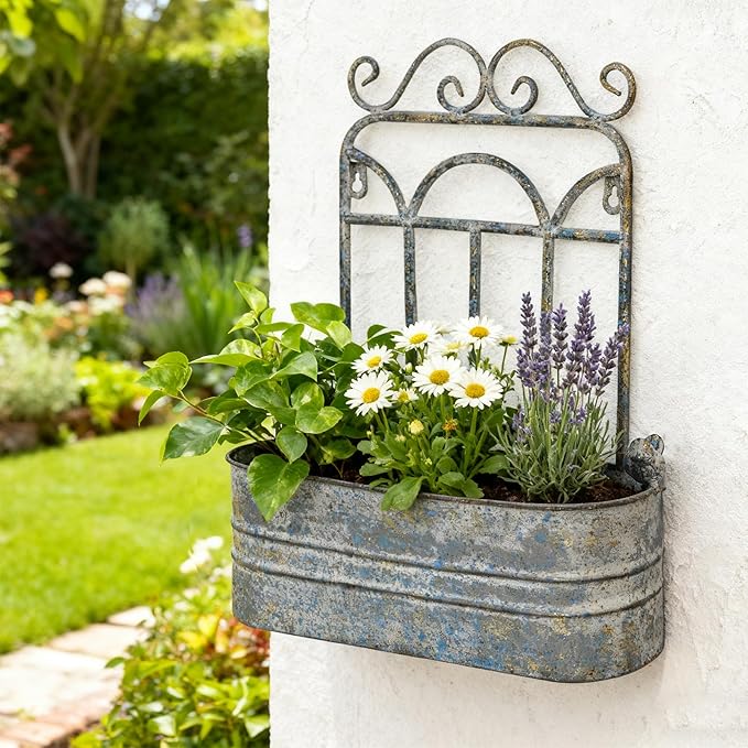 Rustic Metal Wall Planter Country Garden Wall Hanging Mount Vase Pocket Outdoor Vintage Hanging Pot Farmhouse Wall Decor for Plants Flowers (Blue)