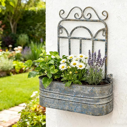 Rustic Metal Wall Planter Country Garden Wall Hanging Mount Vase Pocket Outdoor Vintage Hanging Pot Farmhouse Wall Decor for Plants Flowers (Blue)